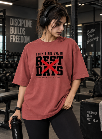 Close up of red Rest Days oversized gym t shirt with DTF graphic print