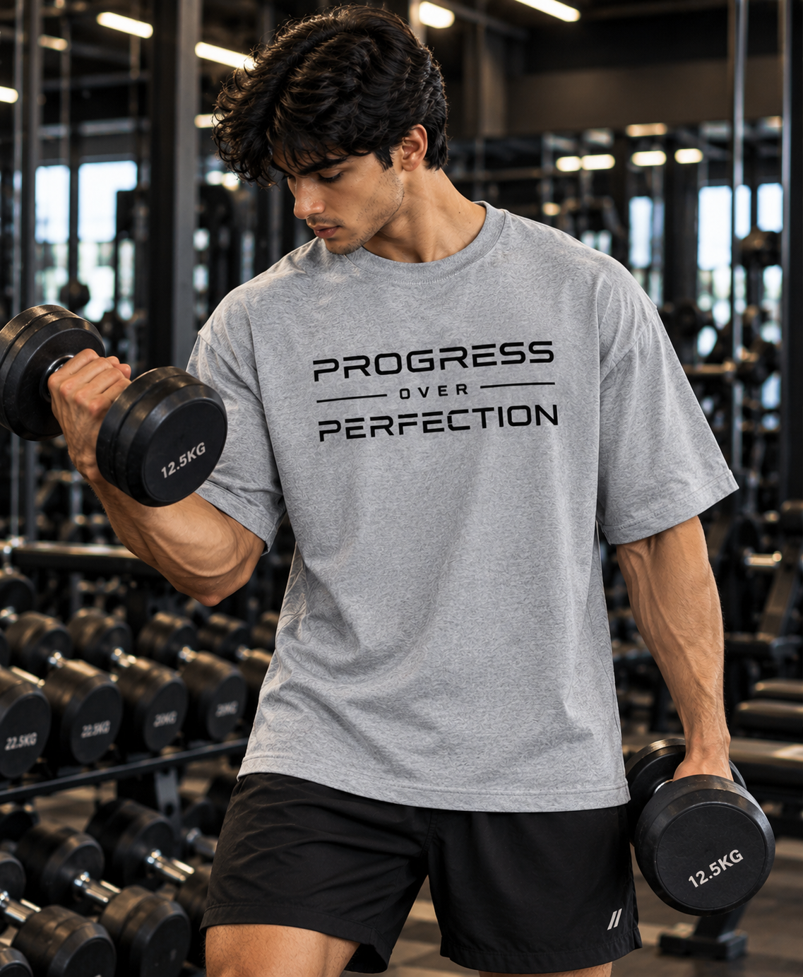 Man wearing a grey Progress Over Perfection oversized T-shirt while doing a dumbbell curl in the gym