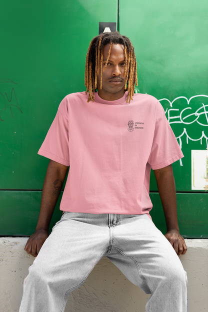 Strength In Stillness pink oversized graphic t shirt front