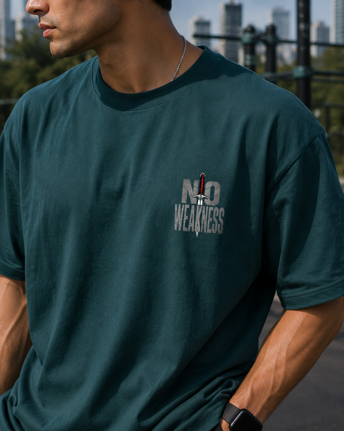 No Weakness cotton fitness t-shirt close up