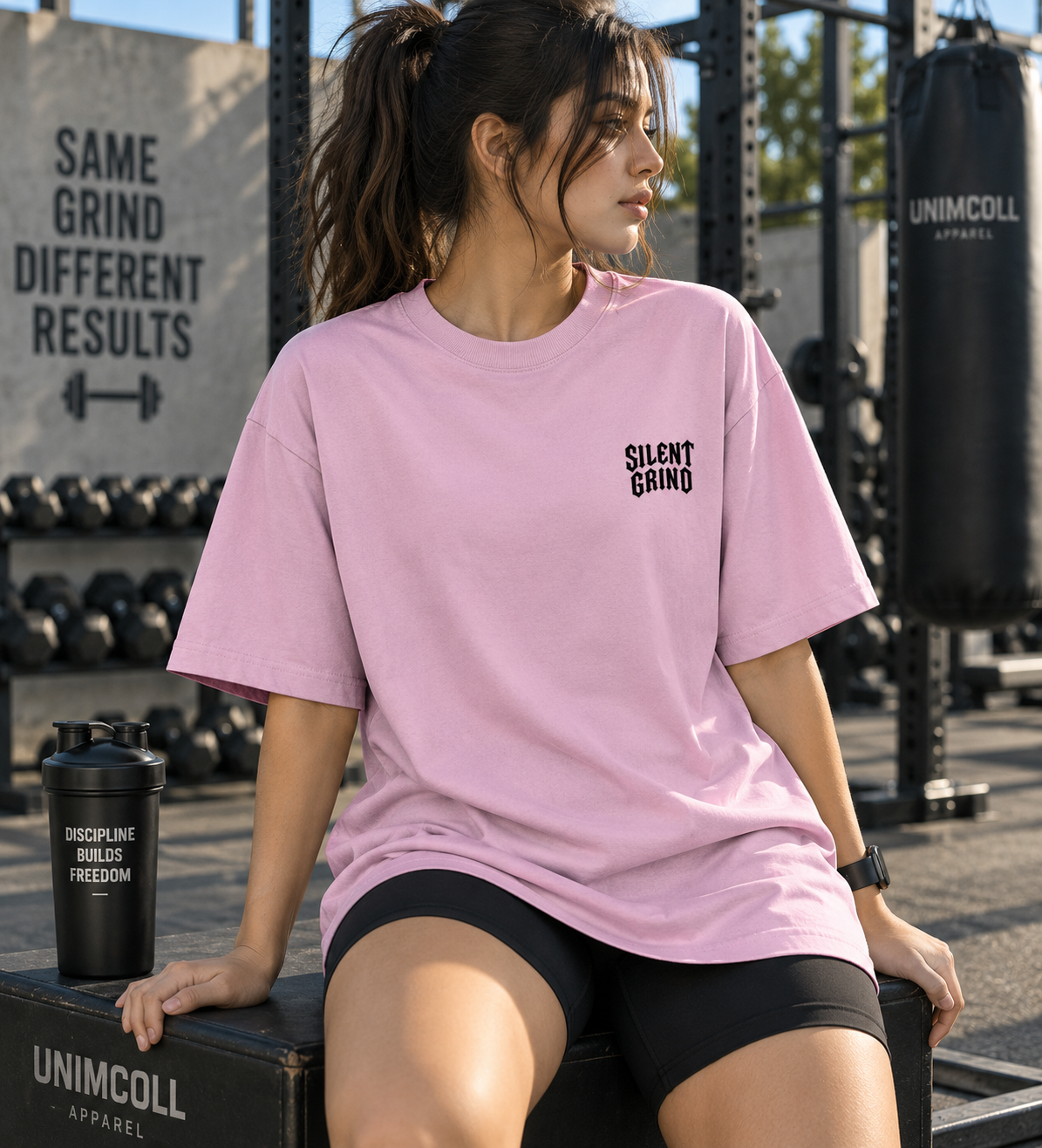 Silent Grind pink oversized gym T-shirt female model