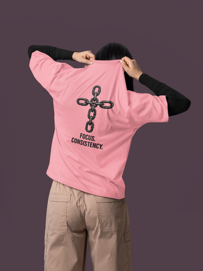 Focus Consistency pink oversized graphic tee back view