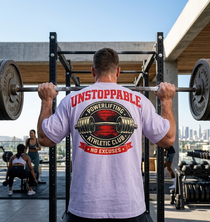 Back print Unstoppable Powerlifting Athletic Club gym t-shirt