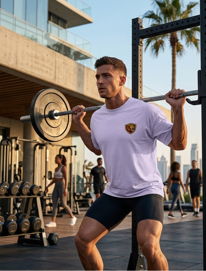 Lavender oversized powerlifting gym t-shirt worn during barbell squat