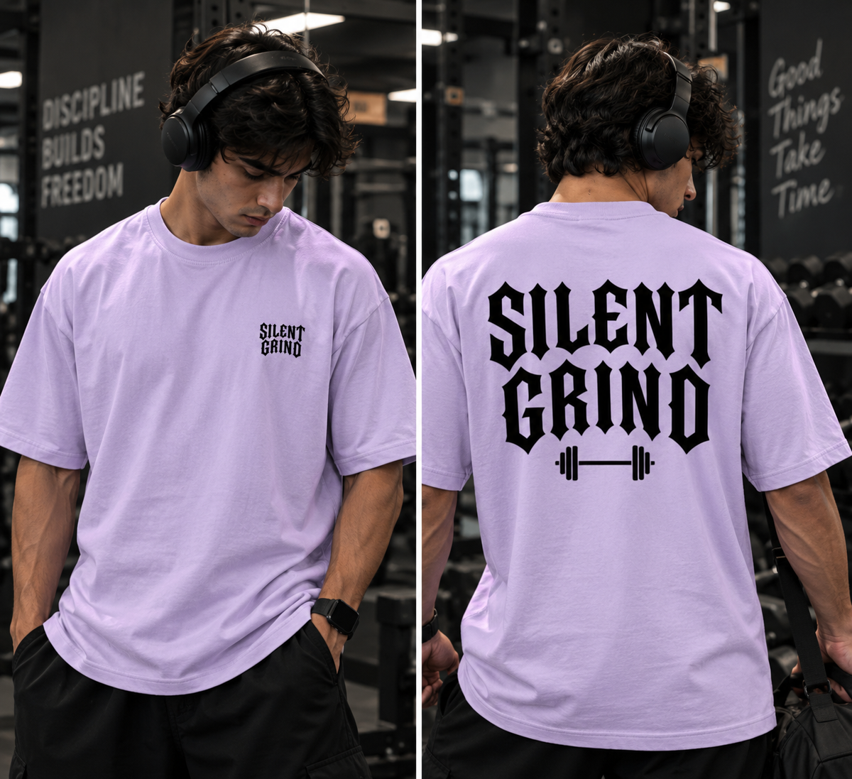 Silent Grind lavender gym T-shirt back print close-up
