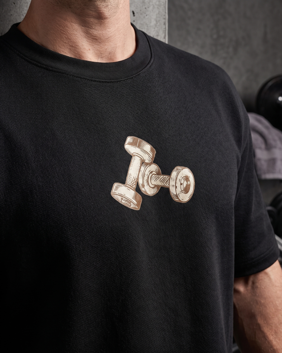 Vintage dumbbell graphic print black oversized gym t-shirt front