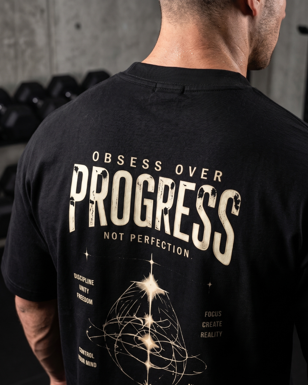 Obsess Over Progress oversized black gym t-shirt back graphic print