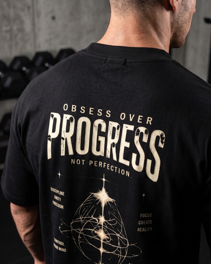Obsess Over Progress oversized black gym t-shirt back graphic print