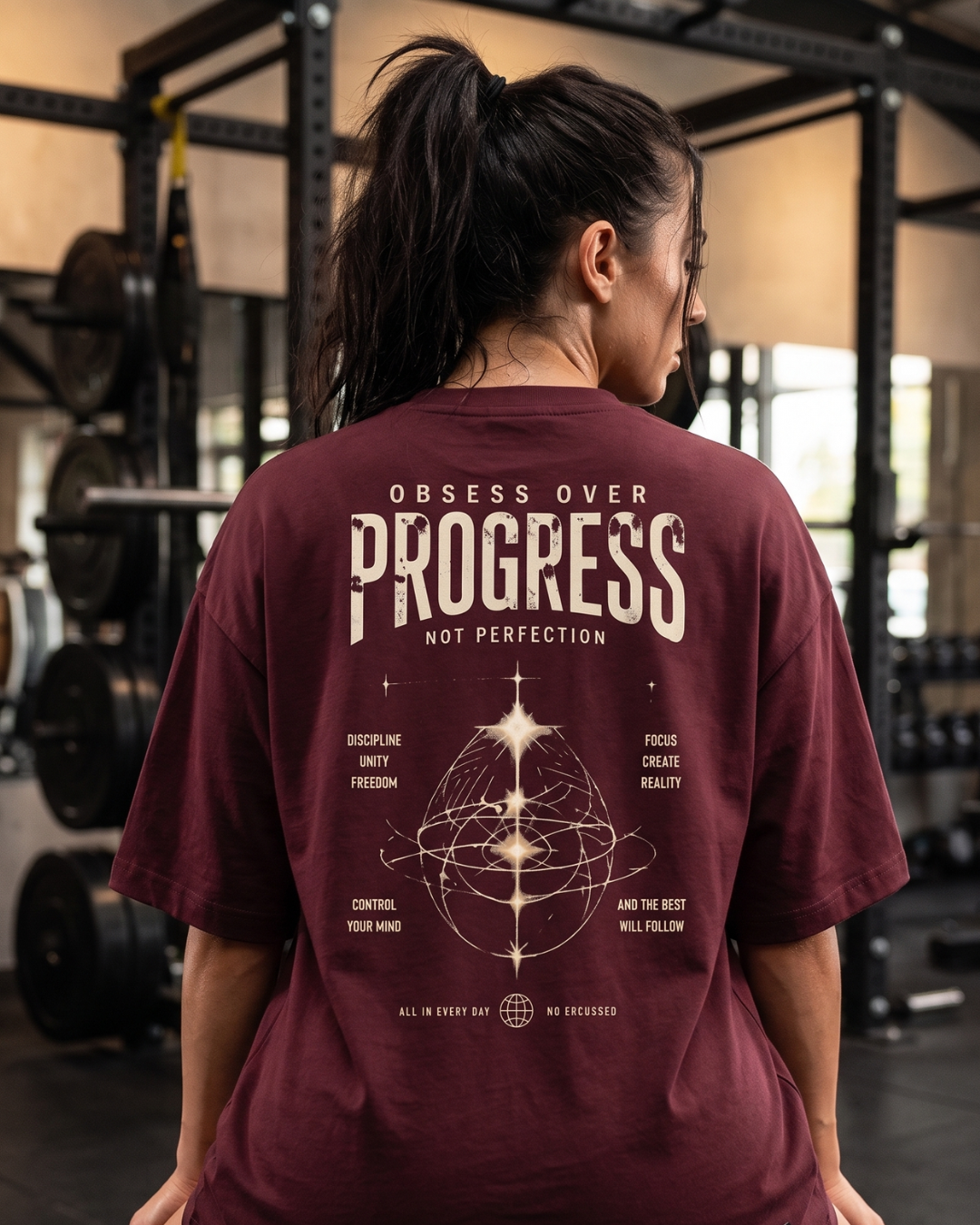 Burgundy oversized bodybuilding t-shirt obsess over progress print