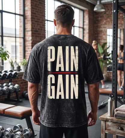 Pain Gain Black Acid Wash Oversized Bodybuilding T-Shirt Back View