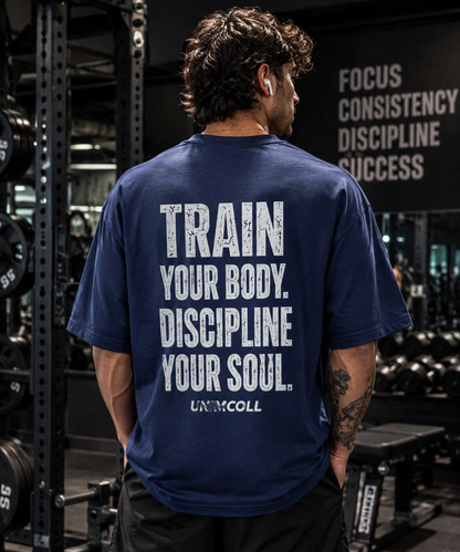 Navy oversized workout t shirt with Train Your Body Discipline Your Soul back design