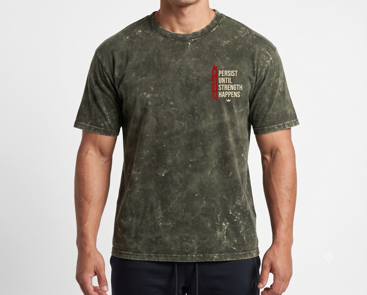 PUSH Persist Olive Green Heavyweight Oversized Gym Tee Front View