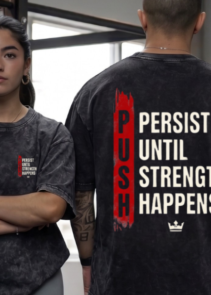PUSH Persist Unisex Black Acid Wash Oversized Gym T-Shirt Front and Back View