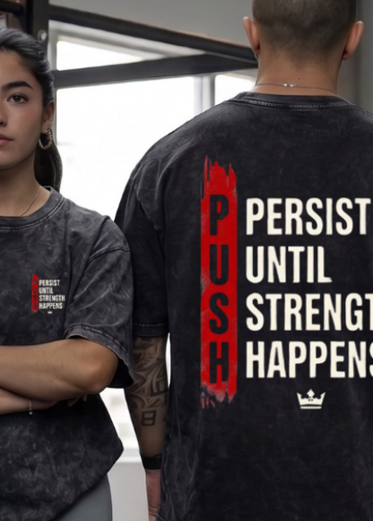 PUSH Persist Unisex Black Acid Wash Oversized Gym T-Shirt Front and Back View