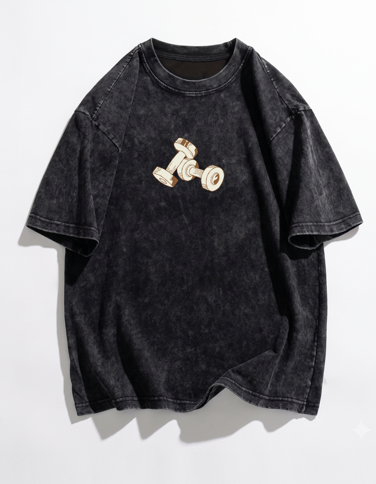 Black acid wash oversized gym t-shirt flatlay front view with dumbbell print