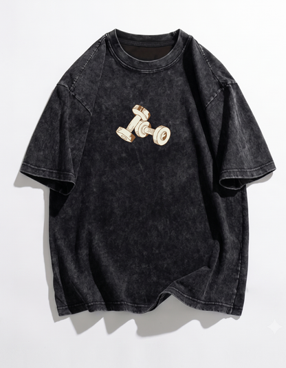 Black acid wash oversized gym t-shirt flatlay front view with dumbbell print