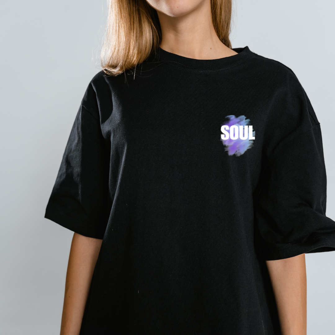 Black unisex oversized t shirt with SOUL front graphic by UNIMCOLL