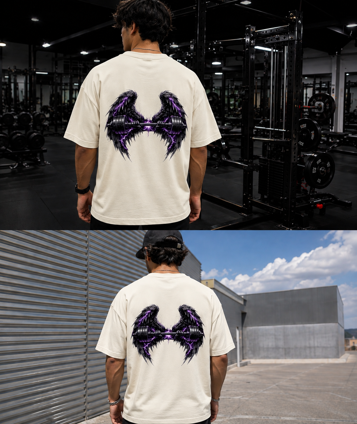 Man wearing cream oversized gym t-shirt with wing dumbbell graphic on back