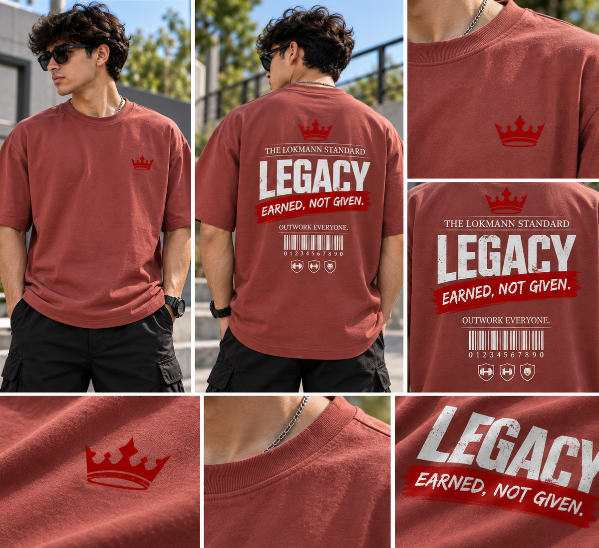 Legacy motivational back graphic close up on rust oversized tee