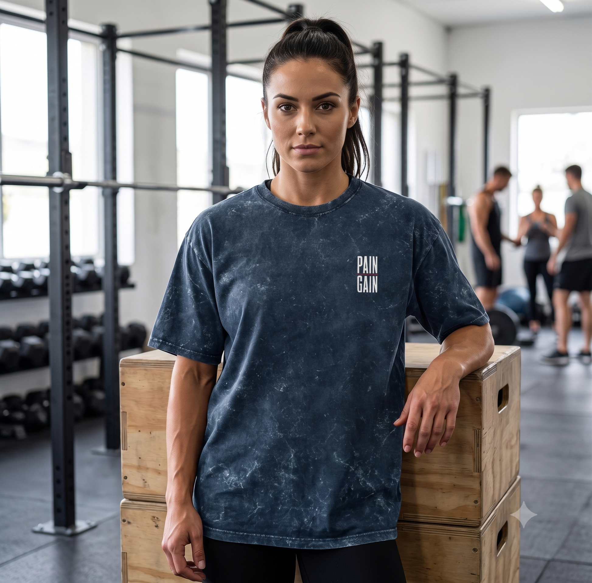 Pain Gain Unisex Navy Blue Acid Wash T-Shirt Front Chest Logo