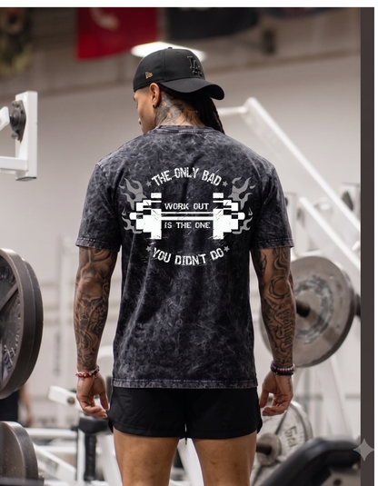Black mineral wash gym t-shirt with barbell and motivational quote back print