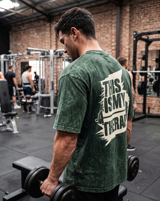 This Is My Therapy Forest Green Acid Wash Oversized Gym Pump Cover Back Print