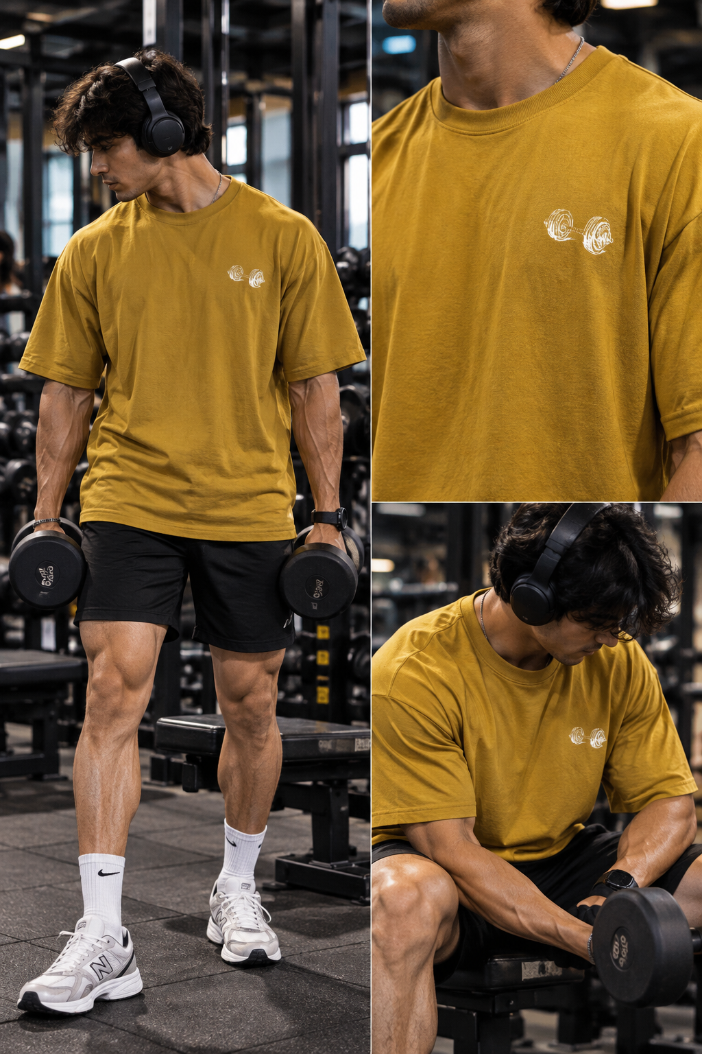 Male model wearing a mustard oversized T-shirt with a small dumbbell chest graphic, shown holding dumbbells and seated in a gym.