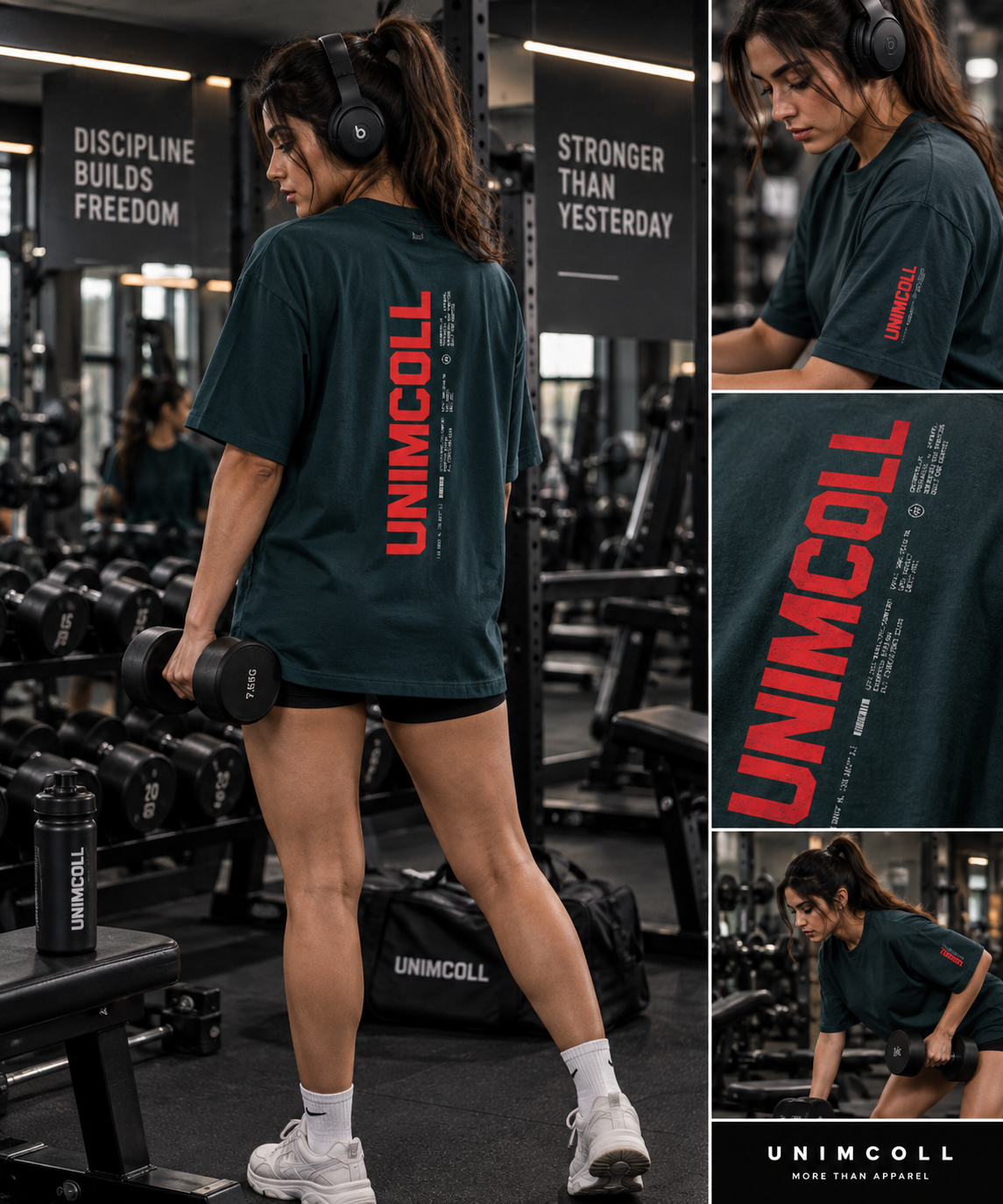 Woman wearing dark green UNIMCOLL oversized workout t shirt in gym