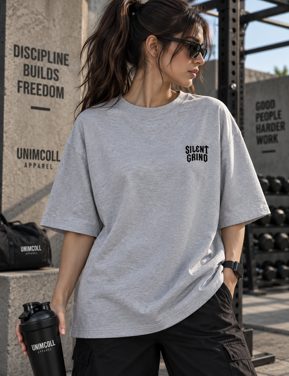 Silent Grind grey oversized gym T-shirt female model front view