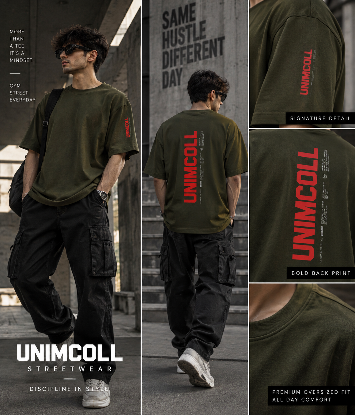 Olive green UNIMCOLL unisex oversized t shirt with red graphic back print