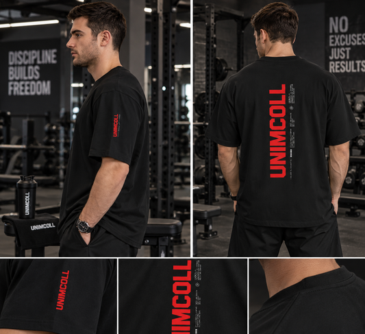 Black UNIMCOLL oversized gym t shirt with red back graphic and sleeve print