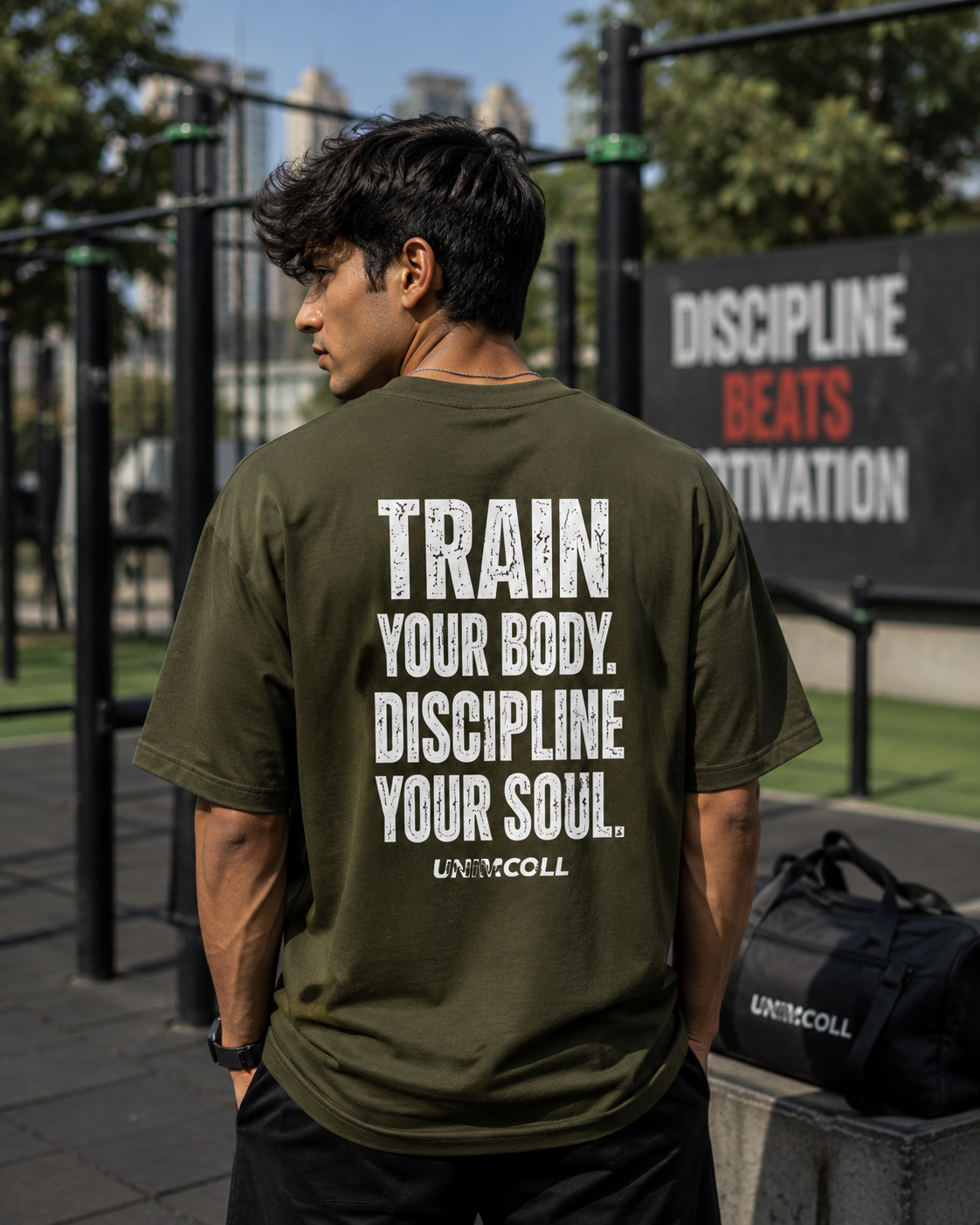 Olive green oversized t shirt with Train Your Body Discipline Your Soul back print