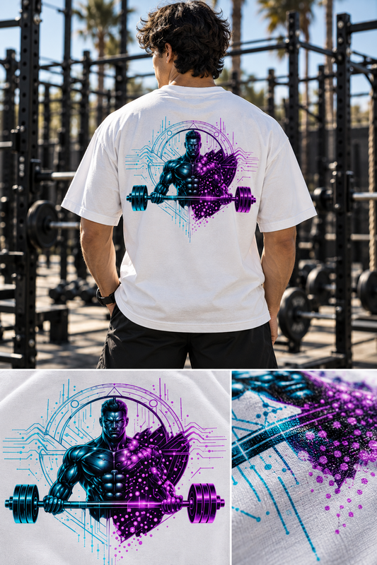 White oversized gym T-shirt with a bold cyber-inspired weightlifter back print