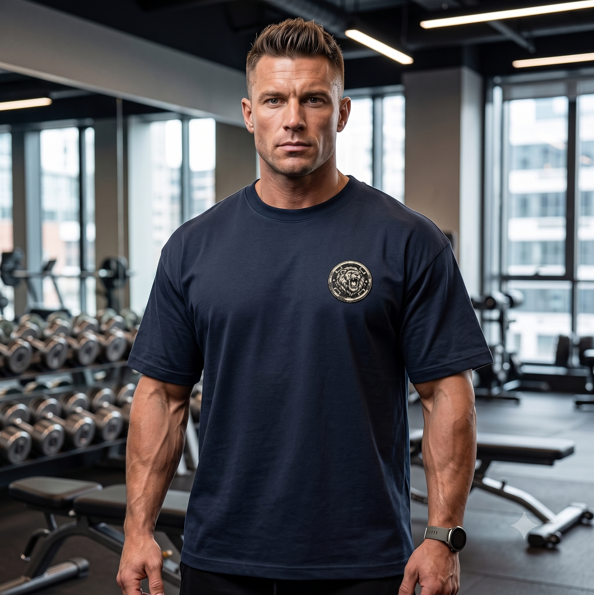 Man wearing navy blue lion graphic oversized gym t-shirt in gym