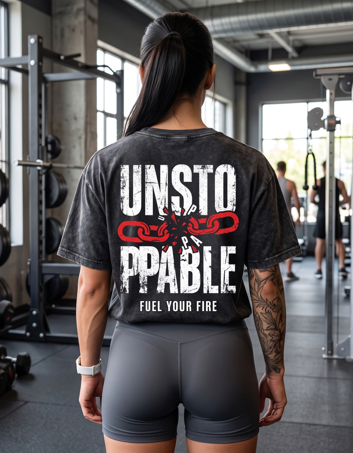 Unstoppable Fuel Your Fire Broken Chain Back Print Oversized Gym T-Shirt Black