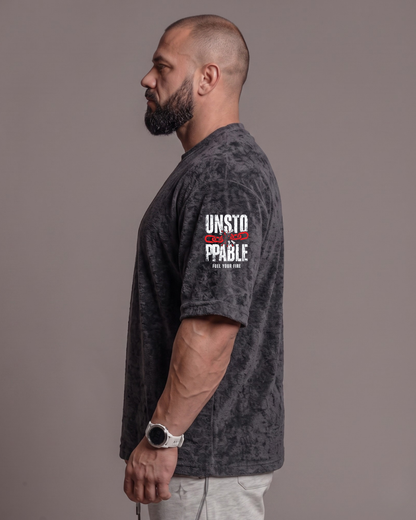 Unstoppable Unisex Black Acid Wash Oversized T-Shirt Side Profile View