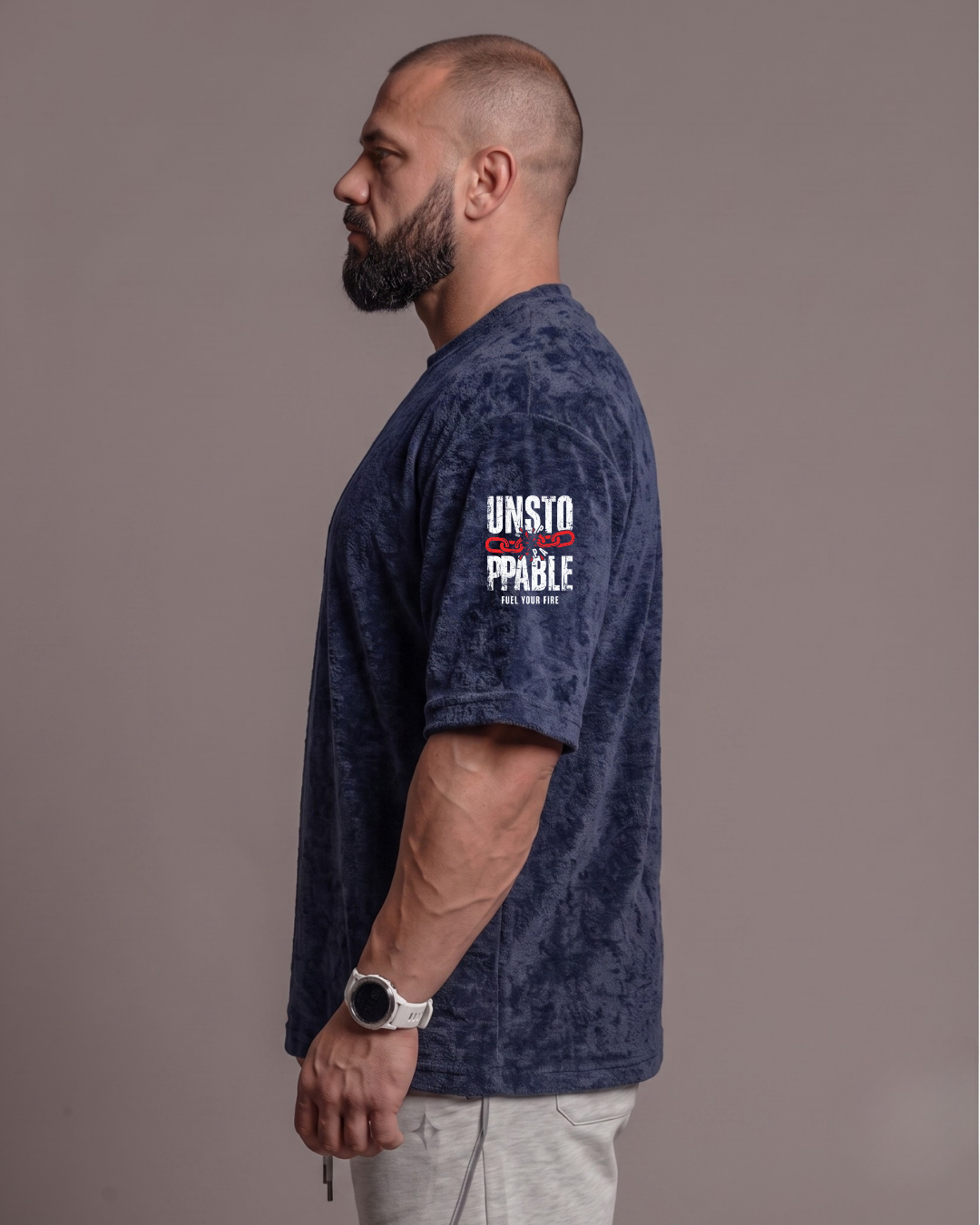 Unstoppable Unisex Navy Blue Acid Wash Oversized T-Shirt Sleeve Print
