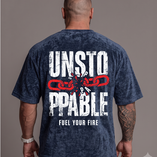 Unstoppable Fuel Your Fire Back Graphic Print Vintage Navy Blue Acid Wash T-Shirt