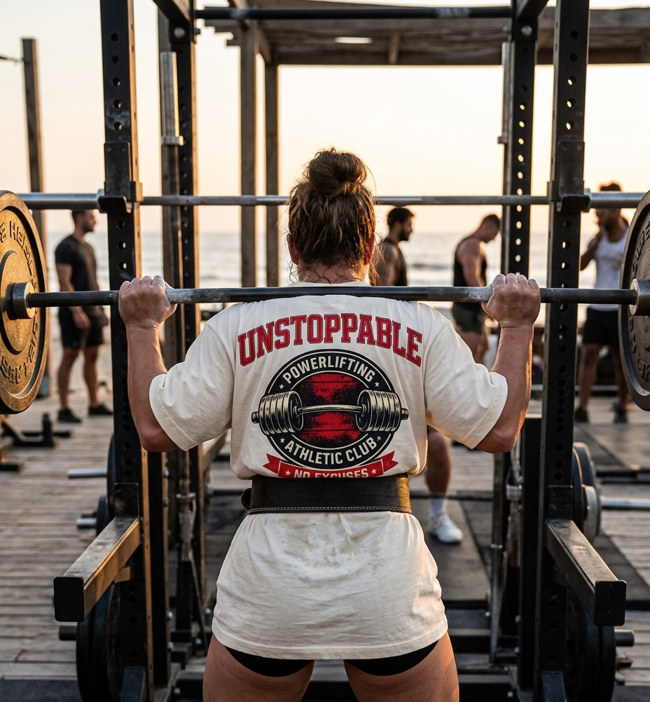 Unstoppable powerlifting gym t-shirt worn during barbell workout