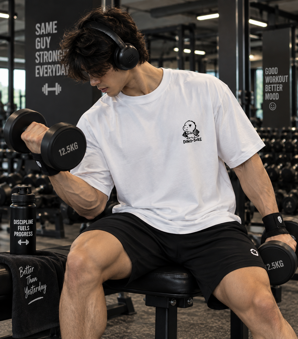 Male model wearing white Dino-Sore oversized gym T-shirt front view