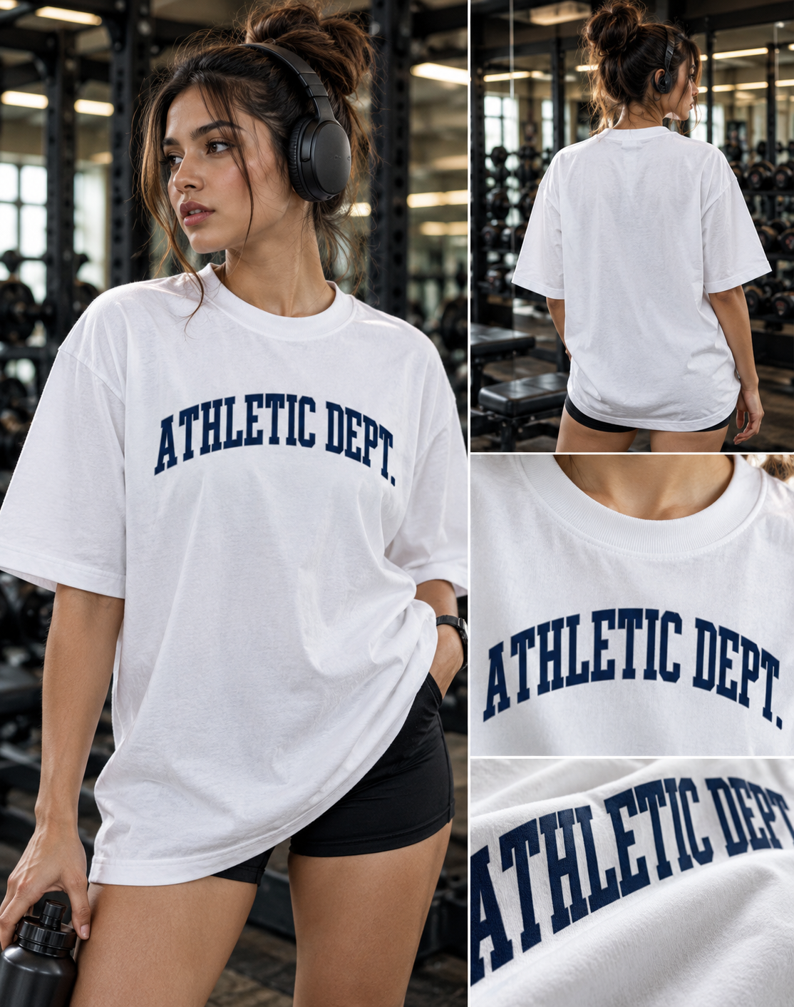 White Athletic Dept. oversized gym T-shirt with navy front print, shown from front and back