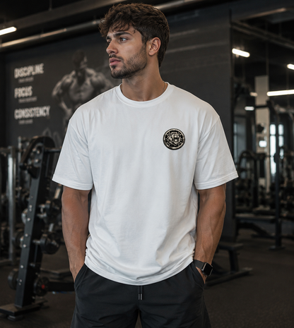 Man wearing white unisex oversized gym t-shirt with lion chest graphic