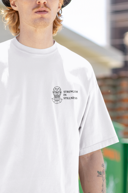 Strength In Stillness white oversized unisex t shirt front view by UNIMCOLL