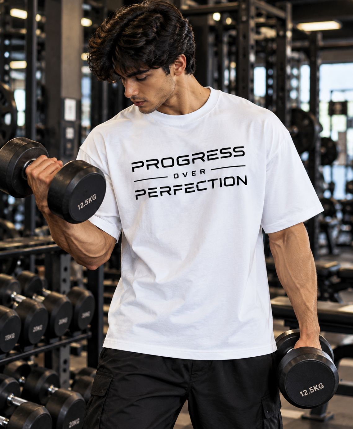 Man wearing a white Progress Over Perfection oversized T-shirt while doing a dumbbell curl in the gym