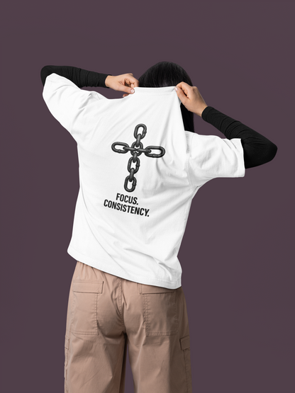 Focus Consistency chain cross graphic white oversized t shirt back view