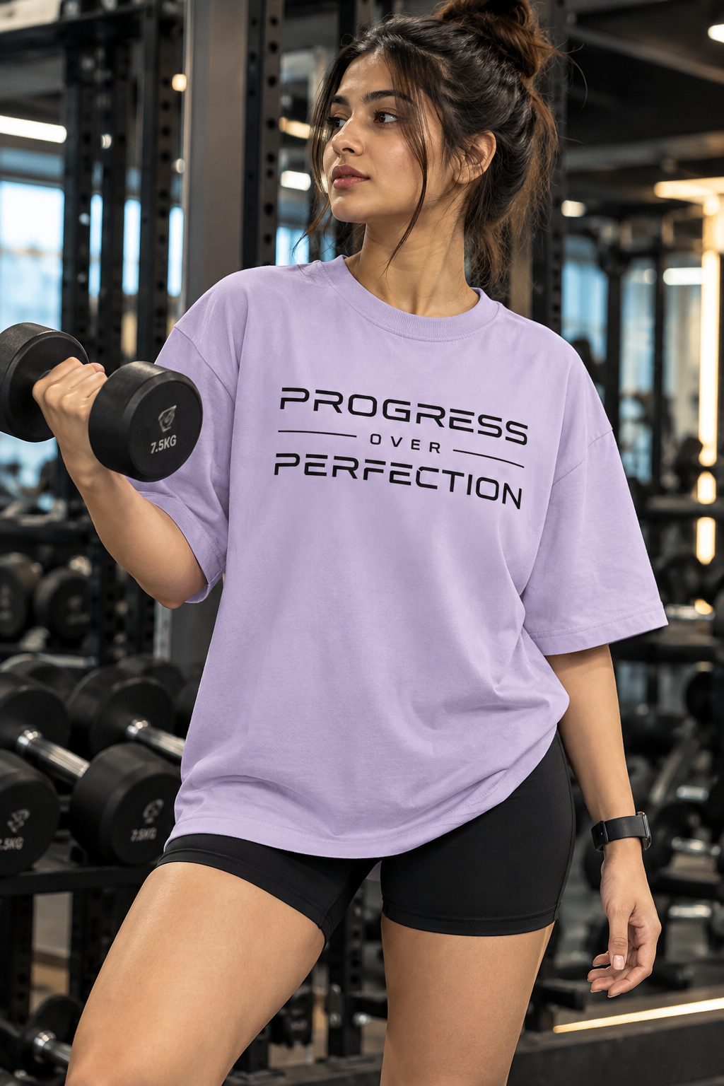 Woman wearing a lavender Progress Over Perfection oversized T-shirt and holding a dumbbell in the gym