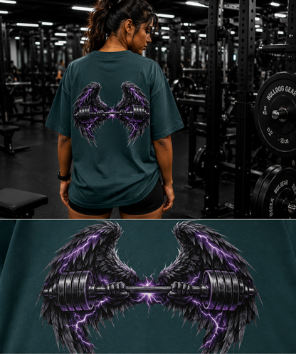 Woman wearing dark green oversized gym t-shirt with wing dumbbell back graphic
