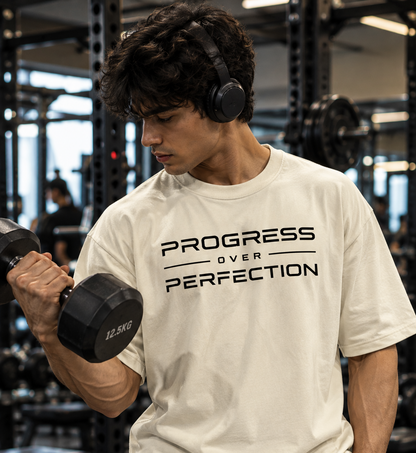 Closeup of black Progress Over Perfection front print on an off-white oversized T-shirt