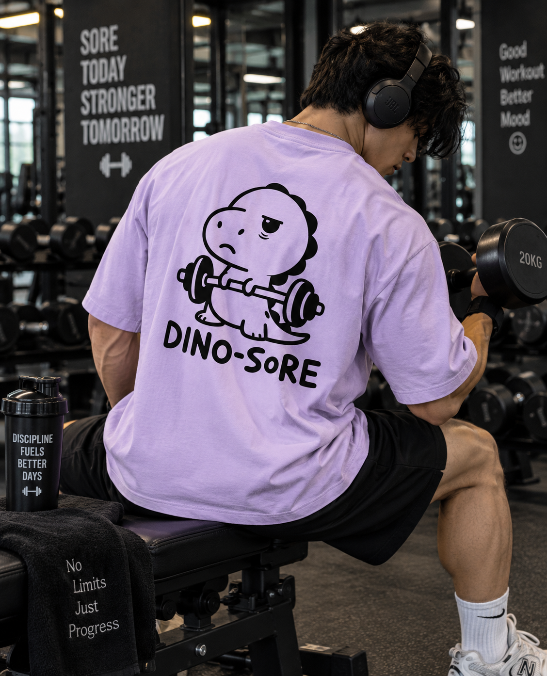 Lavender Dino-Sore oversized T-shirt back graphic during gym workout